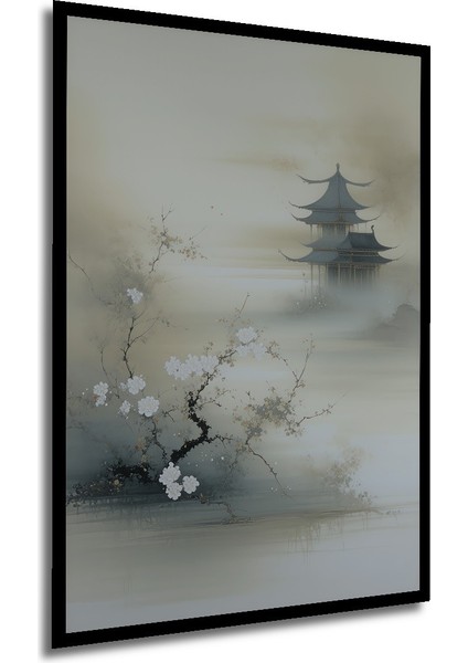 Çerçeve Görünümlü Sakura Çiçekleri ve Pagoda Sulu Boya Görünümlü Ahşap Ofis Kare Tablo modelleri
