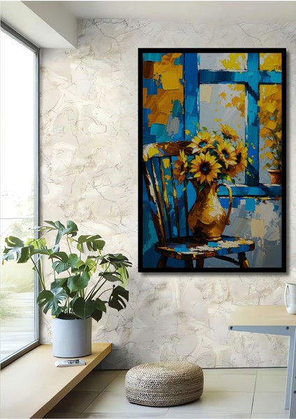 Çerçeve Görünümlü Mavi Pencere Önünde Ayçiçekleri Yağlı Boya Görünümlü Ahşap Ofis Kare Tablo