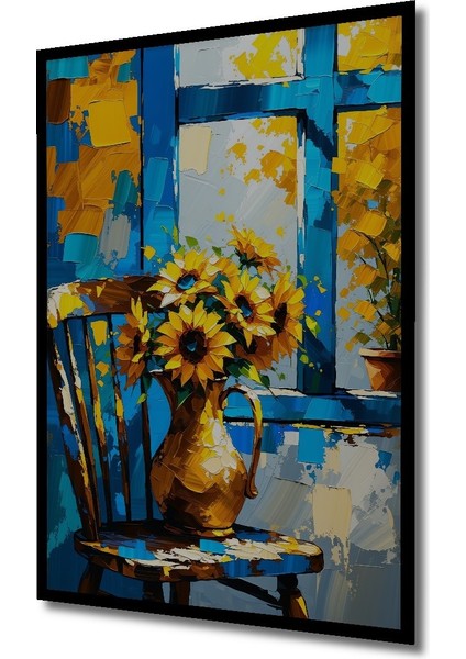 Çerçeve Görünümlü Mavi Pencere Önünde Ayçiçekleri Yağlı Boya Görünümlü Ahşap Ofis Kare Tablo fiyatları