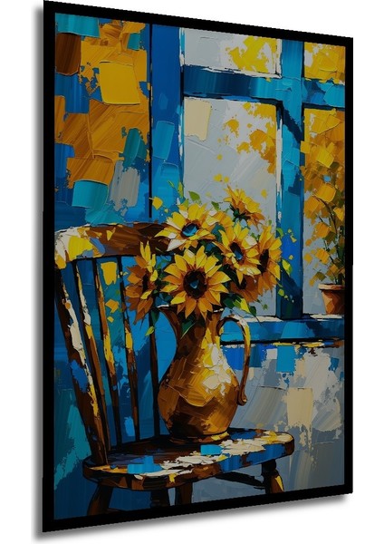 Çerçeve Görünümlü Mavi Pencere Önünde Ayçiçekleri Yağlı Boya Görünümlü Ahşap Ofis Kare Tablo modelleri