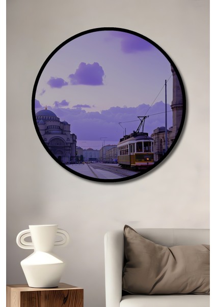 Çerçeve Görünümlü Istanbul Nostaljik Tramvay Yağlı Boya Görünümlü Ahşap Ofis Yuvarlak Tablo