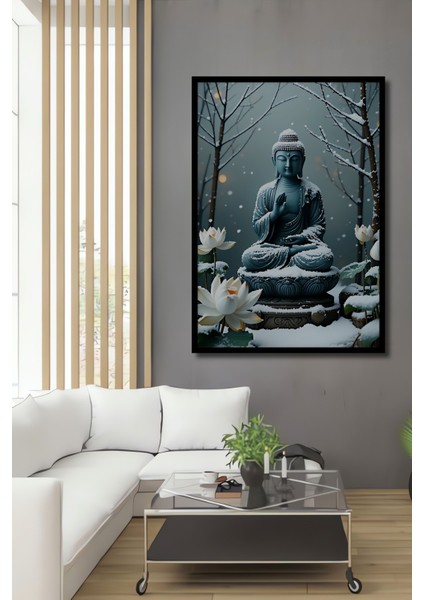 Çerçeve Görünümlü Buz Mavisi Buddha ve Lotus Çiçeği Rüyası Dekoratif Ahşap Ev/işyeri/ofis Kare Tablo