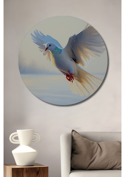 Beyaz Güvercin Yağlı Boya Görünümlü Dekoratif Ahşap Ev/işyeri/ofis Yuvarlak Tablo