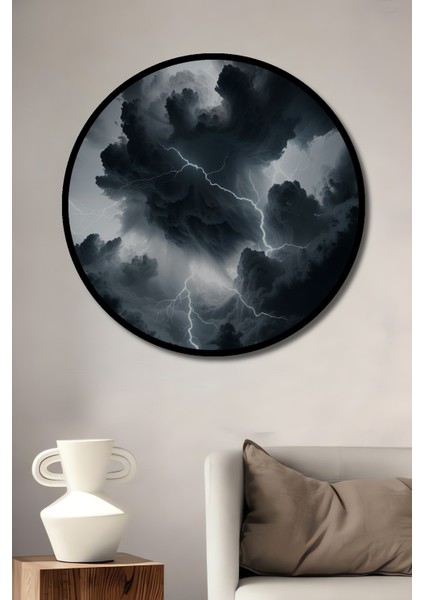 Çerçeve Görünümlü Fırtına Bulutları ve Şimşek Yağlı Boya Görünümlü Ahşap Ofis Yuvarlak Tablo