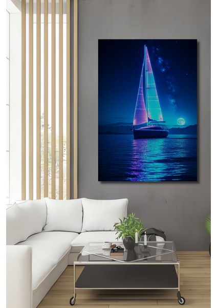 Neon Işıltılı Yelkenli Gece Serüveni Dekoratif Ahşap Ev/işyeri/ofis Kare Tablo