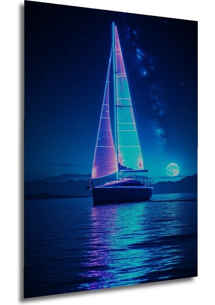 Neon Işıltılı Yelkenli Gece Serüveni Dekoratif Ahşap Ev/işyeri/ofis Kare Tablo modelleri