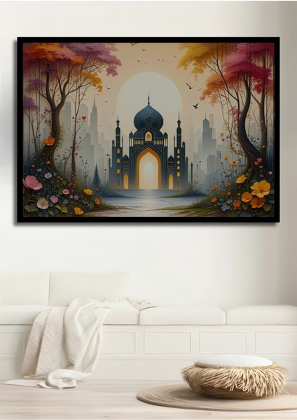 Çerçeve Görünümlü Fantastik Cami Çiçek Bahçesi Yağlı Boya Görünümlü Dekoratif Ahşap Ofis Kare Tablo