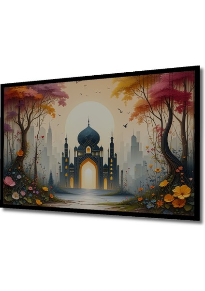Çerçeve Görünümlü Fantastik Cami Çiçek Bahçesi Yağlı Boya Görünümlü Dekoratif Ahşap Ofis Kare Tablo fiyatları