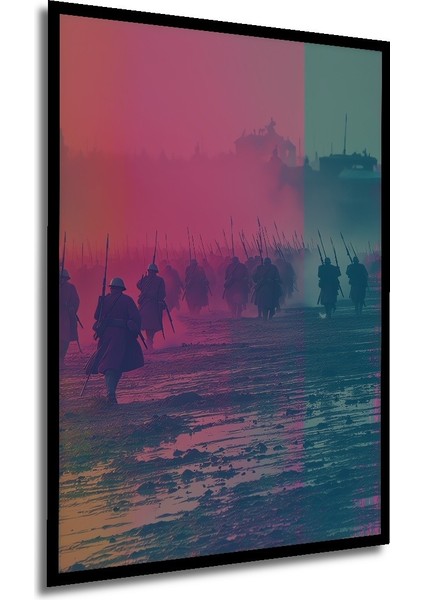 Çerçeve Görünümlü Savaş Alanında Pastel Boya Görünümlü Askerler Ofis Dekoratif Ahşap Kare Tablosu modelleri