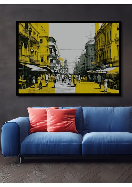 Çerçeve Görünümlü Kalabalık Şehir Sokağı Kara Kalem Görünümlü Dekoratif Ahşap Ofis Kare Tablo