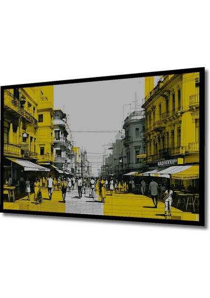 Çerçeve Görünümlü Kalabalık Şehir Sokağı Kara Kalem Görünümlü Dekoratif Ahşap Ofis Kare Tablo fiyatları