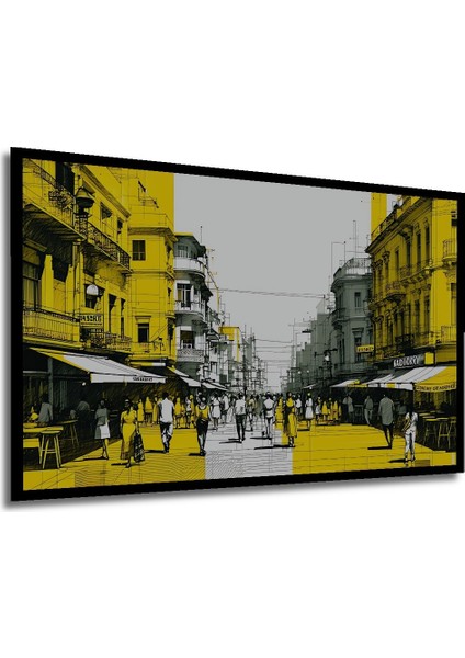 Çerçeve Görünümlü Kalabalık Şehir Sokağı Kara Kalem Görünümlü Dekoratif Ahşap Ofis Kare Tablo modelleri