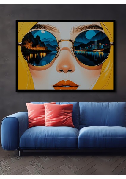 Çerçeve Görünümlü Gözlükte Yansıyan Şehir Manzarası Yağlı Boya Görünümlü Ahşap Ofis Kare Tablo