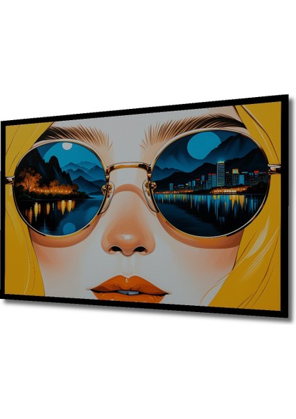 Çerçeve Görünümlü Gözlükte Yansıyan Şehir Manzarası Yağlı Boya Görünümlü Ahşap Ofis Kare Tablo fiyatları