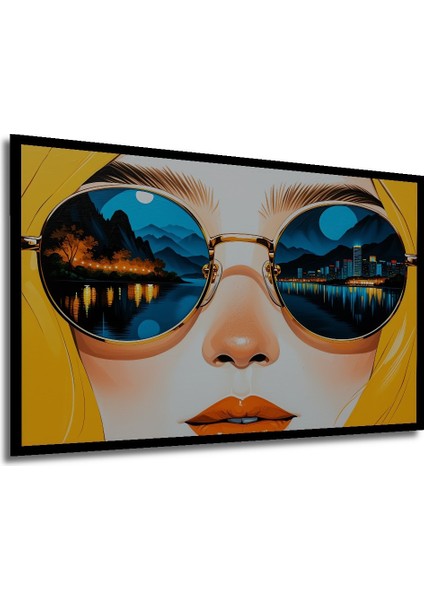 Çerçeve Görünümlü Gözlükte Yansıyan Şehir Manzarası Yağlı Boya Görünümlü Ahşap Ofis Kare Tablo modelleri