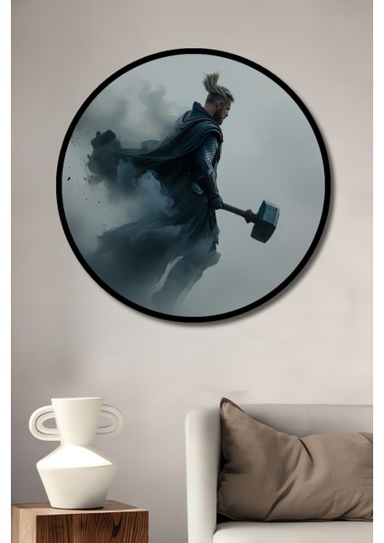 Çerçeve Görünümlü Thor Destansı Çekiç Yağlı Boya Görünümlü Dekoratif Ahşap Ofis Yuvarlak Tablo