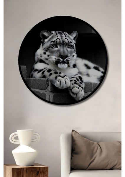 Çerçeve Görünümlü Kar Leoparı Siyah Beyaz Yağlı Boya Görünümlü Dekoratif Ahşap Ofis Yuvarlak Tablo