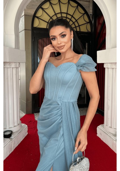 Simli Kumaş Balen Detaylı Abiye Elbise - Su Yeşili modelleri