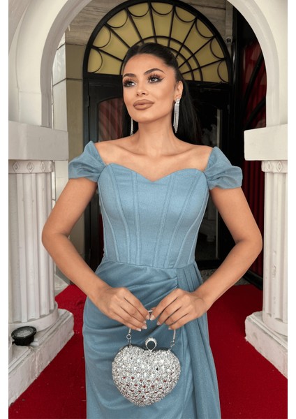 Simli Kumaş Balen Detaylı Abiye Elbise - Su Yeşili fırsatları