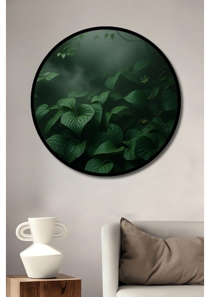 Çerçeve Görünümlü Yeşil Yapraklar Ormanı Yağlı Boya Görünümlü Dekoratif Ahşap Ofis Yuvarlak Tablo