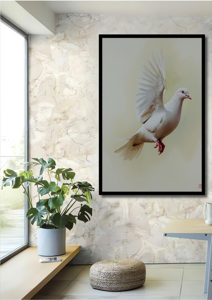 Çerçeve Görünümlü Uçan Beyaz Güvercin Yağlı Boya Görünümlü Dekoratif Ahşap Işyeri/ofis Kare Tablo