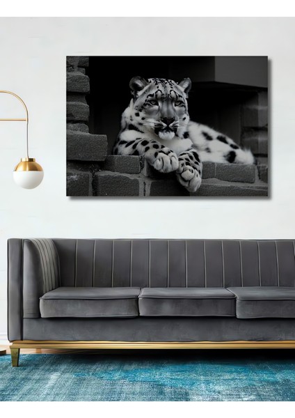 Kar Leoparı Siyah Beyaz Yağlı Boya Görünümlü Dekoratif Ahşap Ev/işyeri/ofis Kare Tablo