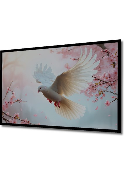 Çerçeve Görünümlü Beyaz Güvercin ve Kiraz Çiçekleri Yağlı Boya Görünümlü Ofis Ahşap Kare Tablo fiyatları