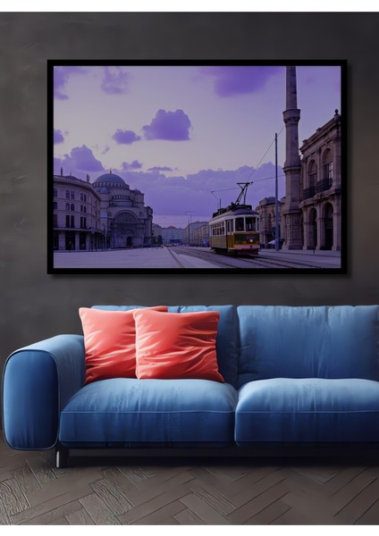 Çerçeve Görünümlü Istanbul Nostaljik Tramvay Yağlı Boya Görünümlü Dekoratif Ahşap Ofis Kare Tablo