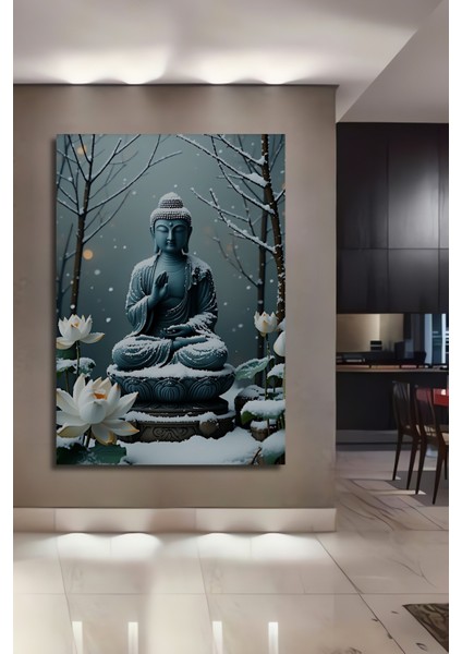 Buz Mavisi Buddha ve Lotus Çiçeği Rüyası Dekoratif Ahşap Ev/işyeri/ofis Kare Tablo