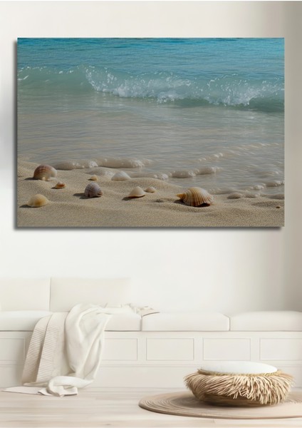 Deniz Kabukları ve Turkuaz Deniz Sulu Boya Görünümlü Dekoratif Ahşap Ev/işyeri/ofis Kare Tablo