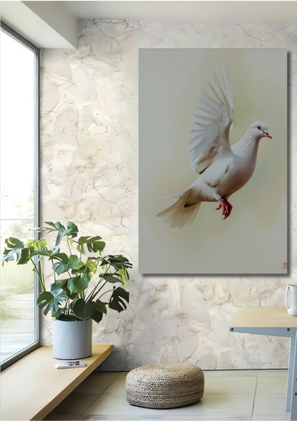 Uçan Beyaz Güvercin Yağlı Boya Görünümlü Dekoratif Ahşap Ev/işyeri/ofis Kare Tablo