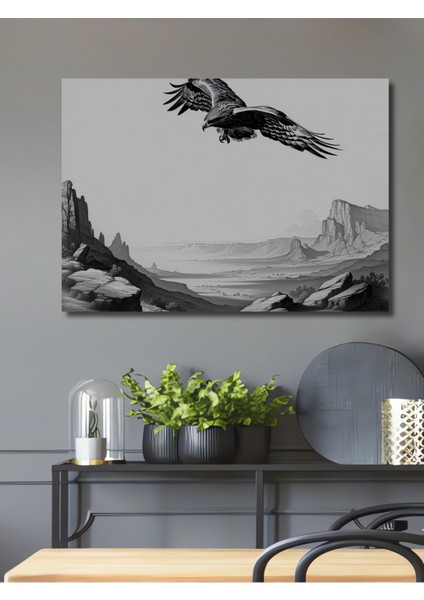 Uçan Kartal Dağ Manzarası Kara Kalem Görünümlü Dekoratif Ahşap Ev/işyeri/ofis Kare Tablo