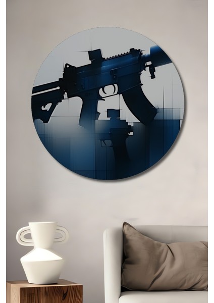 Mavi Silah Kara Kalem Görünümlü Dekoratif Ahşap Ev/işyeri/ofis Yuvarlak Tablo