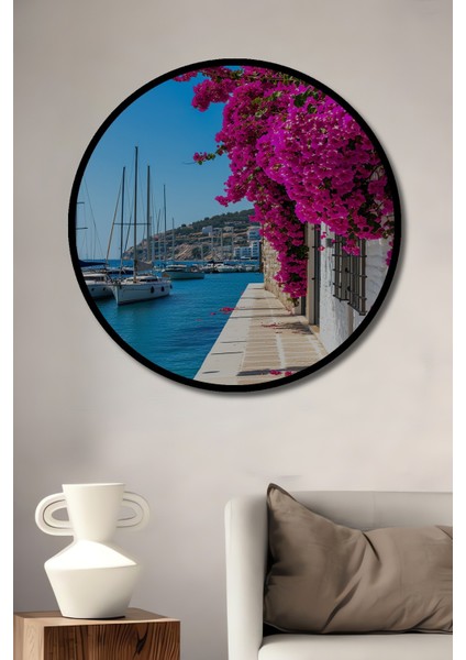 Çerçeve Görünümlü Ege Sahili Begonvil Rüyası Yağlı Boya Görünümlü Ahşap Ofis Yuvarlak Tablo