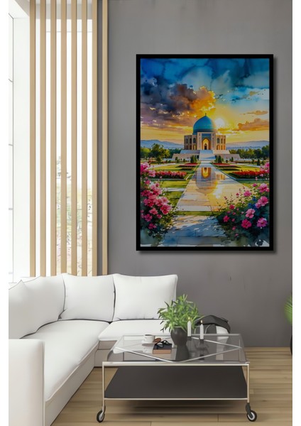 Çerçeve Görünümlü Göksel Kubbeli Şafak Vakti Camii Sulu Boya Görünümlü Ahşap Ofis Kare Tablo