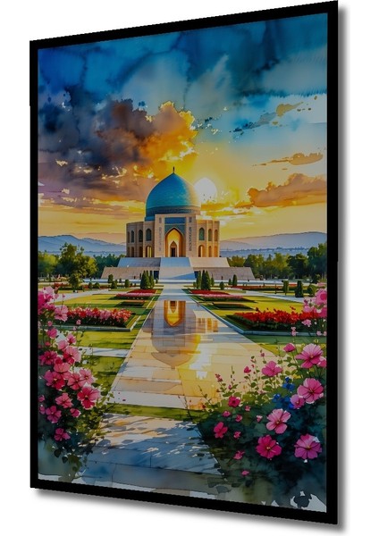 Çerçeve Görünümlü Göksel Kubbeli Şafak Vakti Camii Sulu Boya Görünümlü Ahşap Ofis Kare Tablo fiyatları