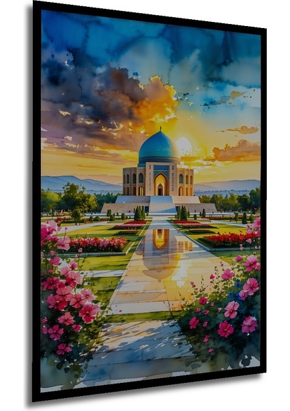 Çerçeve Görünümlü Göksel Kubbeli Şafak Vakti Camii Sulu Boya Görünümlü Ahşap Ofis Kare Tablo modelleri