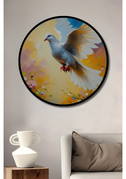 Çerçeve Görünümlü Beyaz Güvercin ve Bahar Çiçekleri Yağlı Boya Görünümlü Dekoratif Ahşap Ofis Tablo