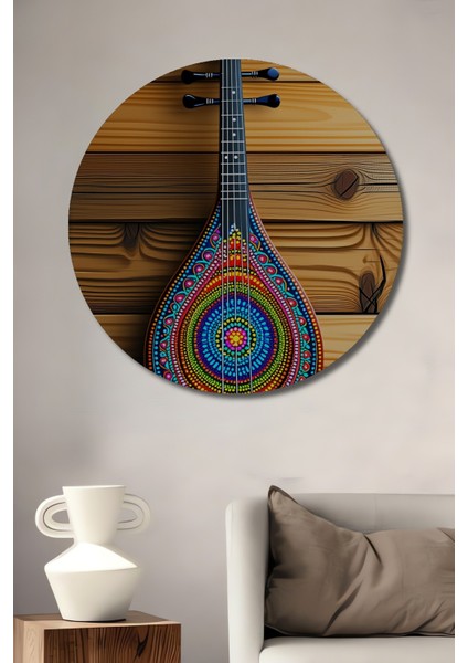 Renkli Mandalalı Lir Yağlı Boya Görünümlü Dekoratif Ahşap Ev/işyeri/ofis Yuvarlak Tablo