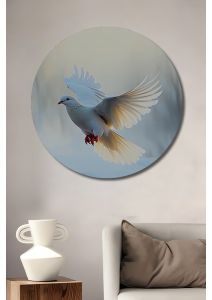 Beyaz Güvercin Yağlı Boya Görünümlü Dekoratif Ahşap Ev/işyeri/ofis Yuvarlak Tablo