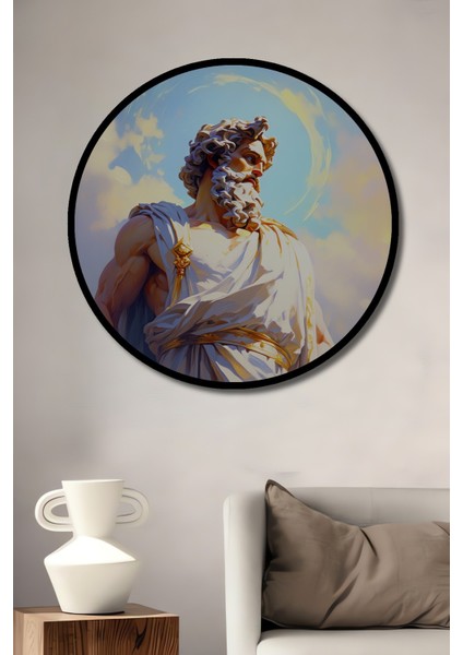 Çerçeve Görünümlü Tanrı Zeus Yağlı Boya Görünümlü Dekoratif Ahşap Ev/işyeri/ofis Yuvarlak Tablo
