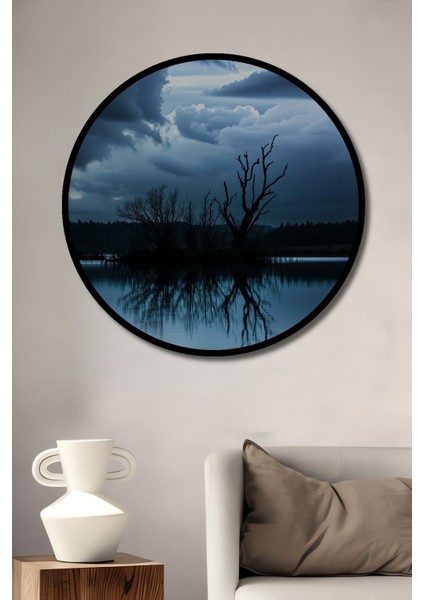 Çerçeve Görünümlü Hüzünlü Göl Manzarası Yağlı Boya Görünümlü Dekoratif Ahşap Ofis Yuvarlak Tablo