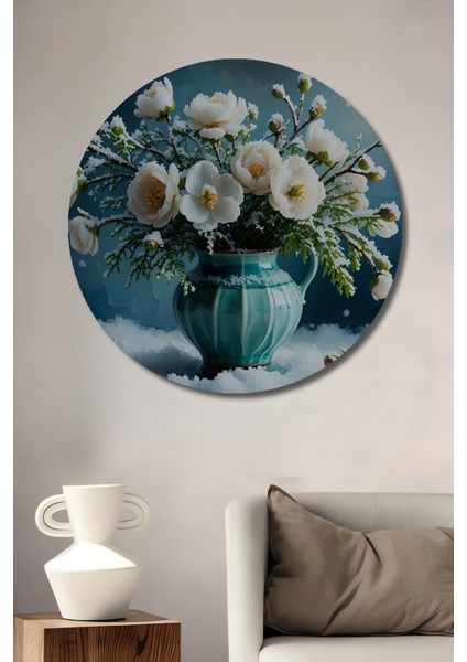 Kış Gülü Yağlı Boya Görünümlü Dekoratif Ahşap Ev/işyeri/ofis Yuvarlak Tablo