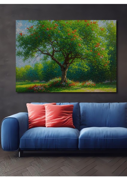 Yağlı Boya Görünümlü Çiçek Açmış Ağaç Ev/işyeri/ofis Dekoratif Ahşap Kare Tablo