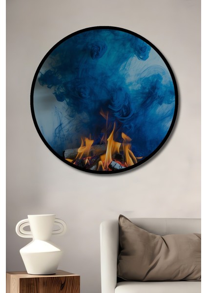 Çerçeve Görünümlü Alev ve Mavi Duman Modern Sanat Dekoratif Ahşap Ev/işyeri/ofis Yuvarlak Tablo