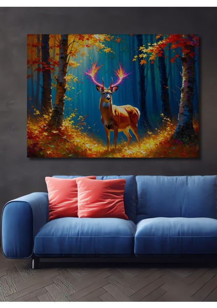 Geyik ve Sonbahar Yaprakları Yağlı Boya Görünümlü Dekoratif Ahşap Ev/işyeri/ofis Kare Tablo