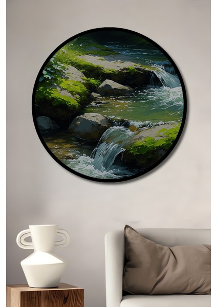 Çerçeve Görünümlü Sulu Boya Görünümlü Şelale ve Kır Çiçekleri Manzarası Ahşap Ofis Yuvarlak Tablo