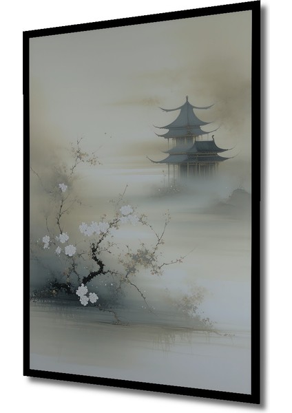 Çerçeve Görünümlü Sakura Çiçekleri ve Pagoda Sulu Boya Görünümlü Ahşap Ofis Kare Tablo fiyatları