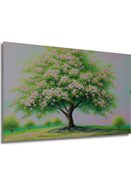 Pembe Çiçek Açan Ağaç Yağlı Boya Görünümlü Dekoratif Ahşap Ev/işyeri/ofis Kare Tablo modelleri