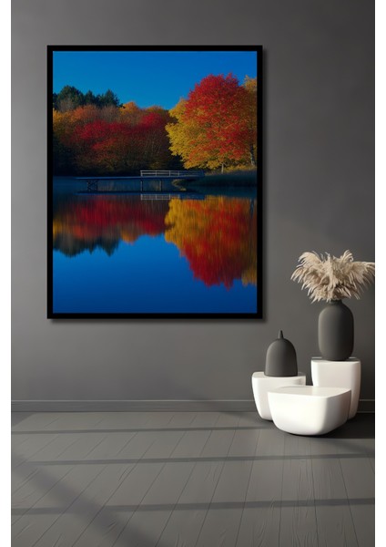 Çerçeve Görünümlü Sonbahar Renkleri Yansıması Yağlı Boya Görünümlü Dekoratif Ahşap Ofis Kare Tablo